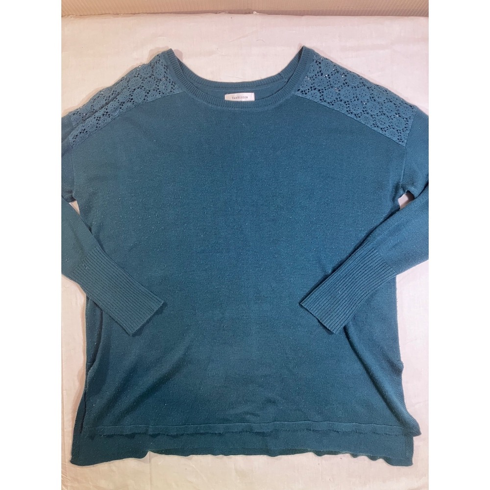 Van Heusen Womens Teal Blue Lace Shoulder Pullover‎ Sweater Small Fine Knit Boho